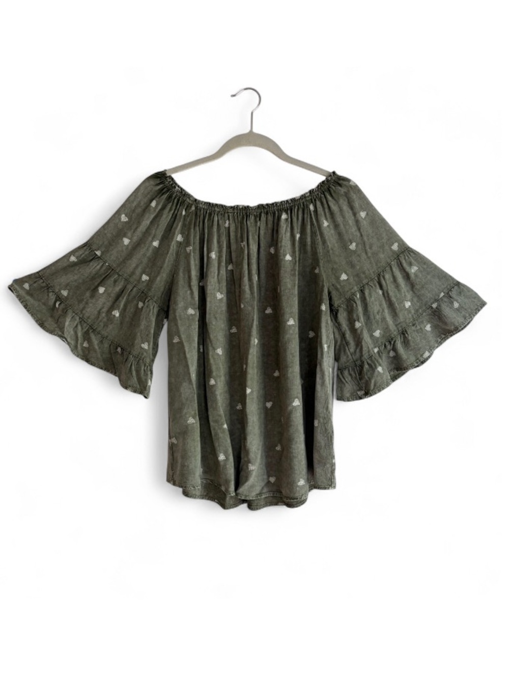Easel Olive Green Heart Print Boho Peasant Blouse Size S
